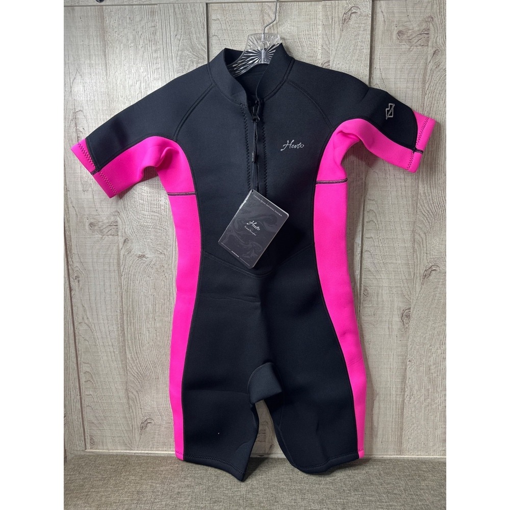Hevto Kids Wetsuit Girls Youth 12 Short Sleeve Neoprene Black Pink Surf Swimwear